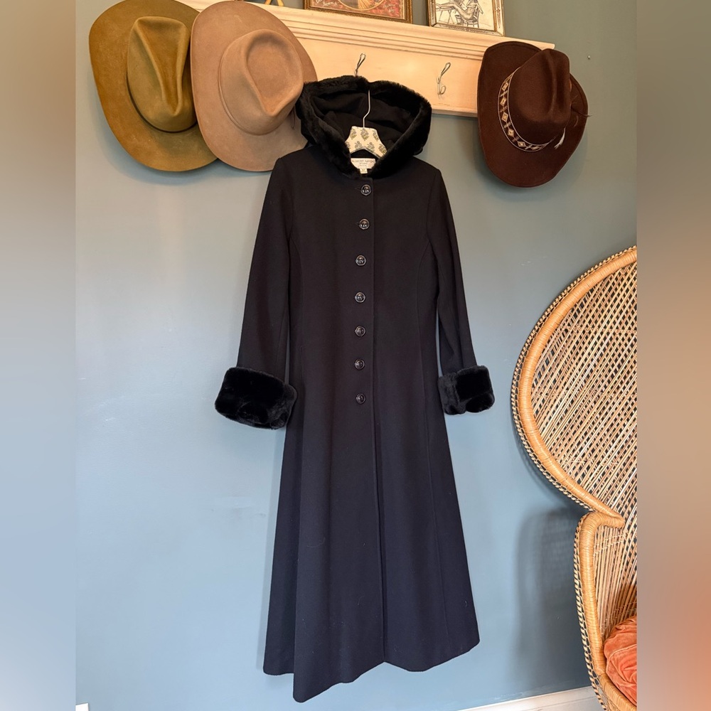 Vintage duster Long Black Wool Fur trim coat Hood cuffs sz 8p - Picture 6 of 14